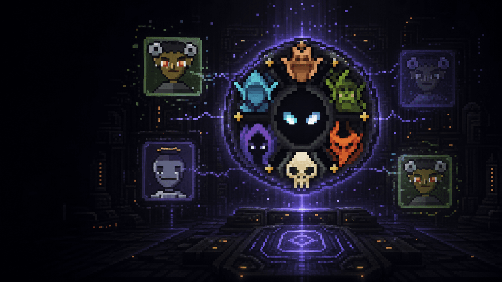 The six Oddkin archetypes activating inside a dark pixel archive