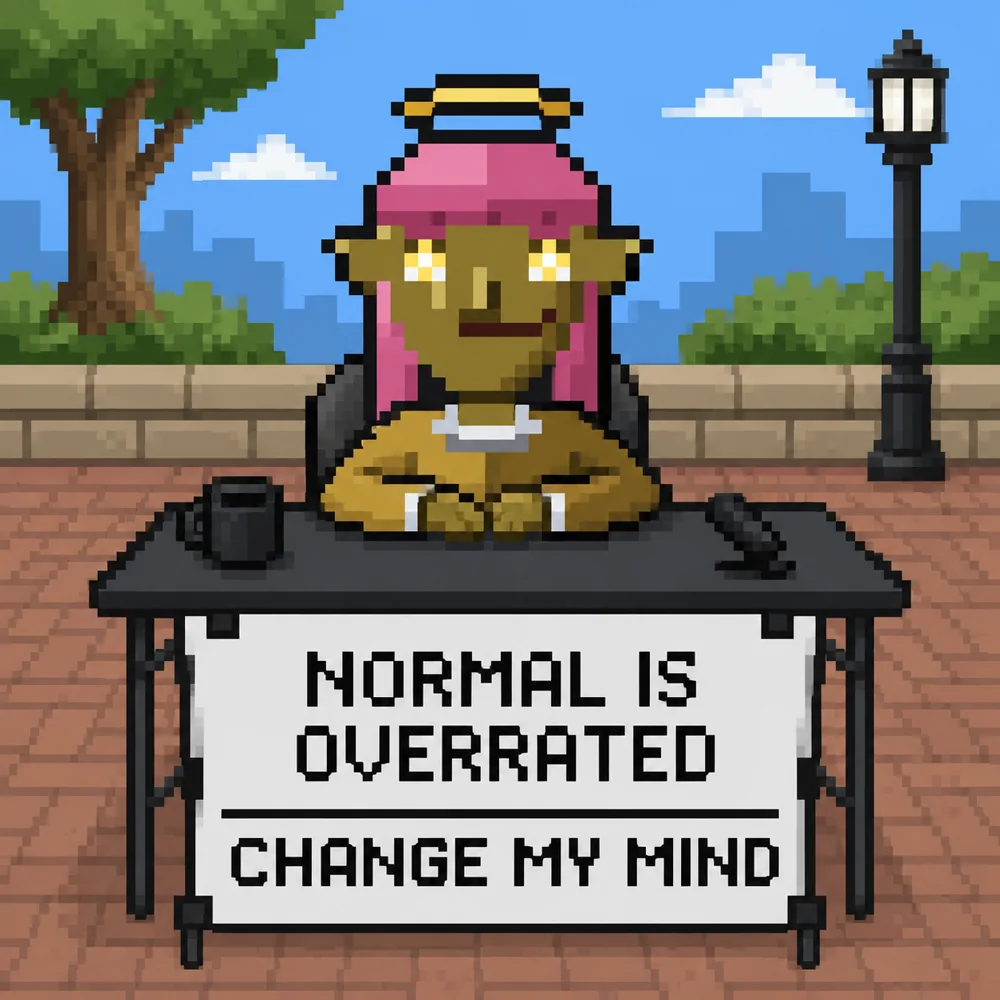 Pixel Oddkin at a table with a sign saying normal is overrated
